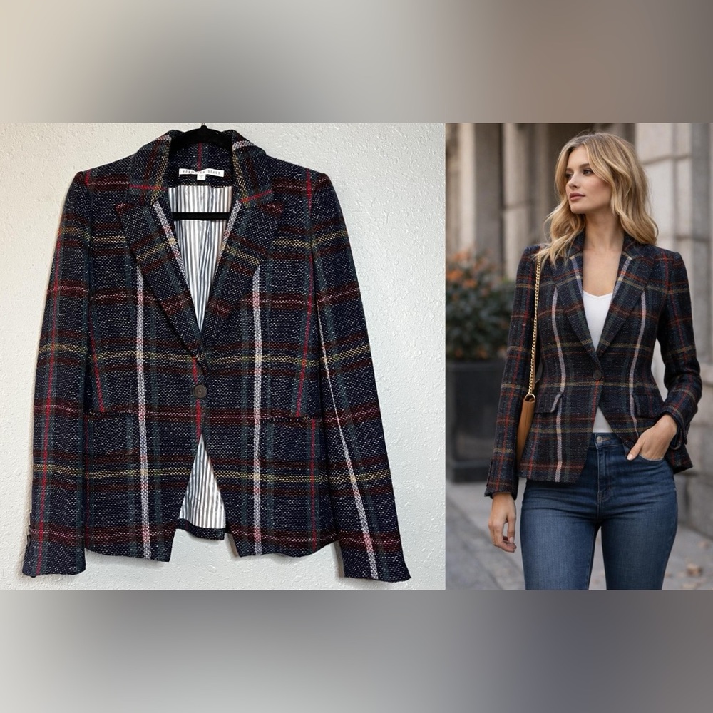 Veronica Beard Navy Multi Plaid Tailored Blazer